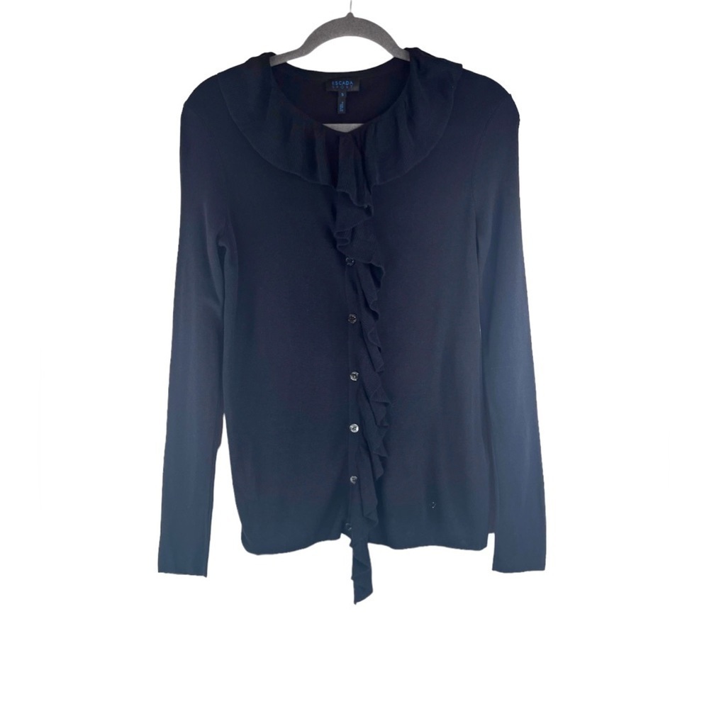Escada Sport Black Ruffle Trim Buttondown Cardigan Size Small